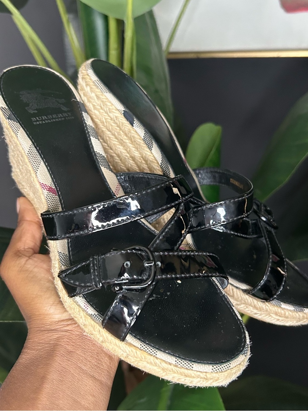 Burberry Black Patent Espadrille Wedge Mules